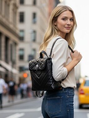 Kurt Geiger Black Quilted Chevron Leather Backpack with Snakehead Clasp
